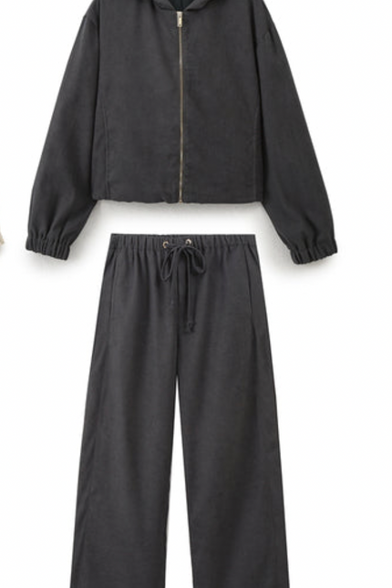 Zipper Long Sleeve Jacket with Hooded Set