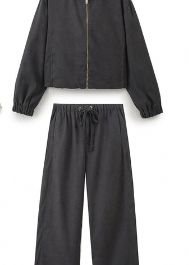 Zipper Long Sleeve Jacket with Hooded Set