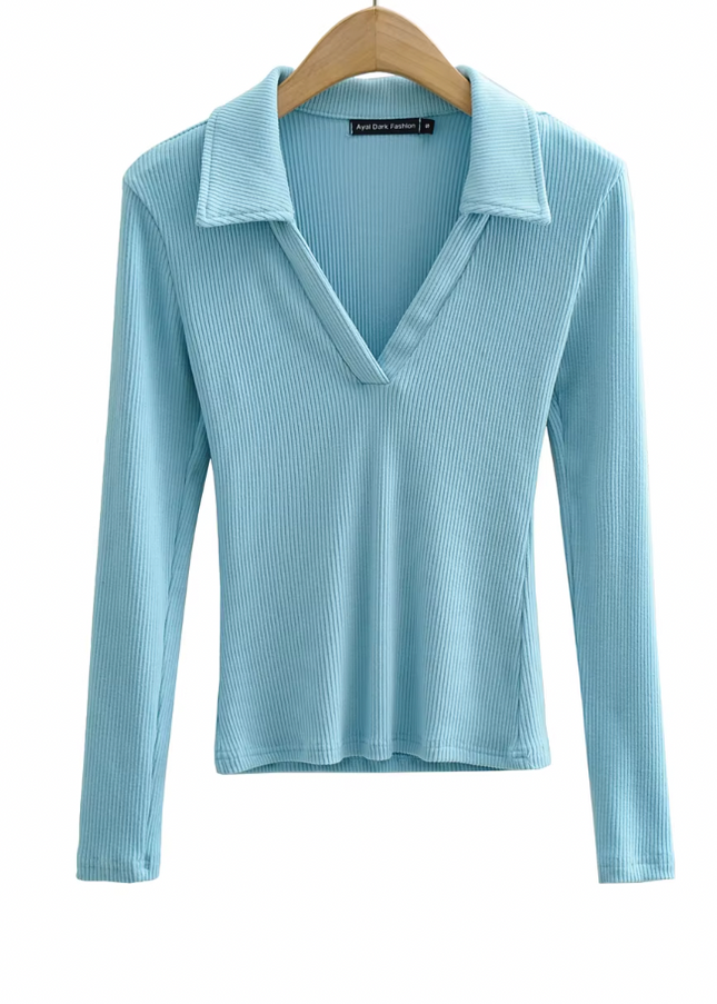 Long Sleeve Turn Down Collar  Knitted t Shirt