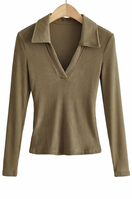 Long Sleeve Turn Down Collar  Knitted t Shirt