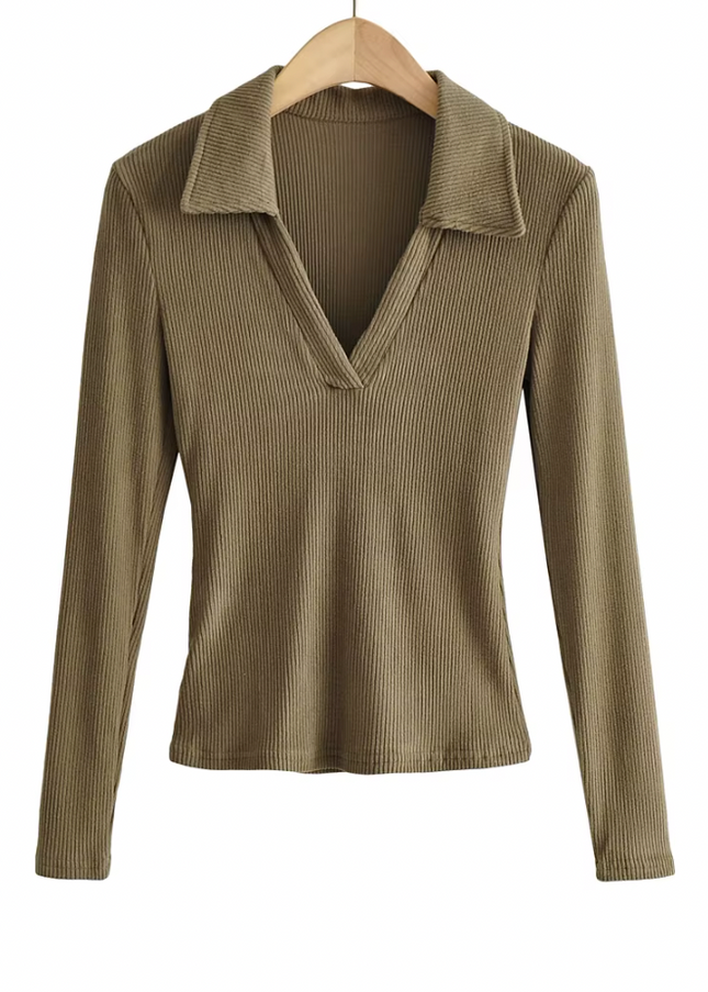 Long Sleeve Turn Down Collar  Knitted t Shirt