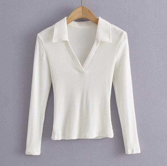 Long Sleeve Turn Down Collar  Knitted t Shirt