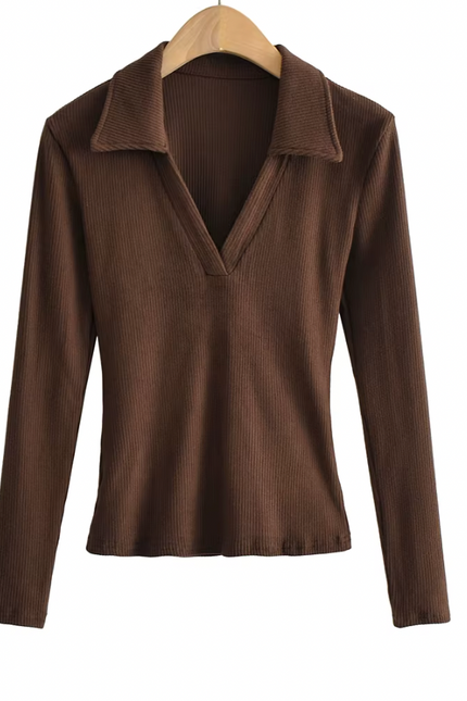 Long Sleeve Turn Down Collar  Knitted t Shirt