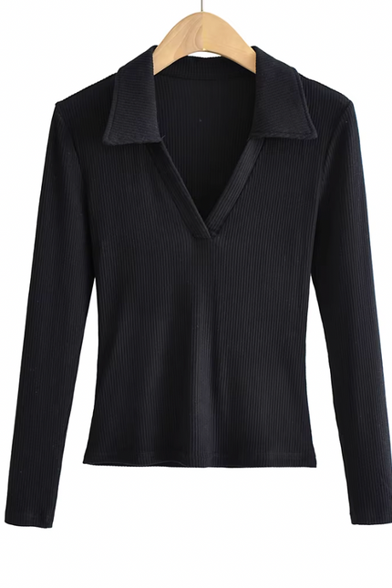 Long Sleeve Turn Down Collar  Knitted t Shirt