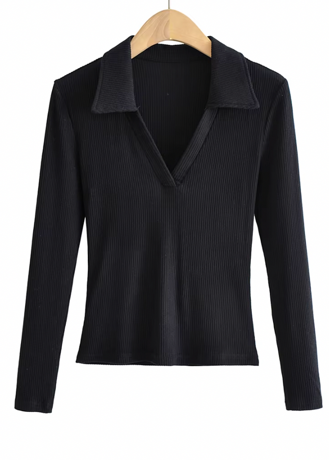 Long Sleeve Turn Down Collar  Knitted t Shirt