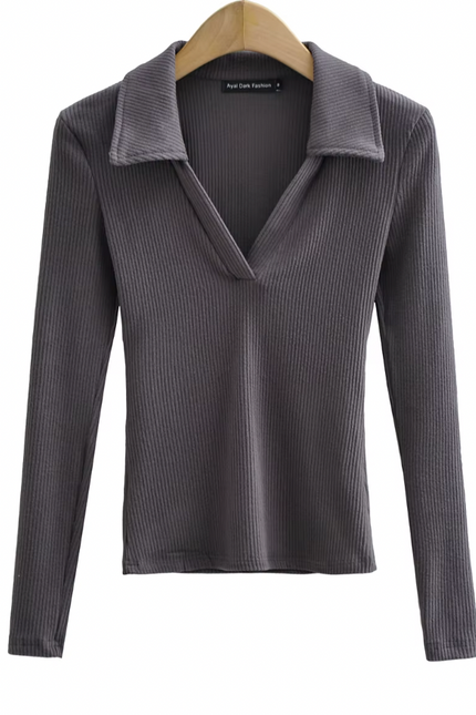 Long Sleeve Turn Down Collar  Knitted t Shirt