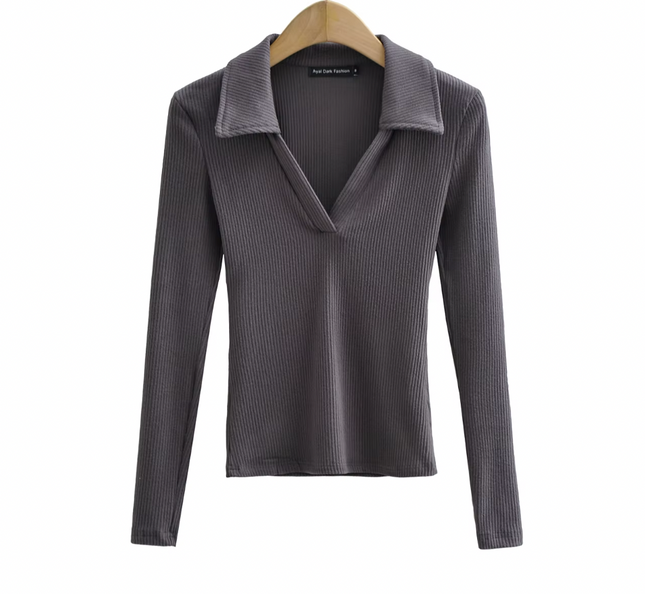 Long Sleeve Turn Down Collar  Knitted t Shirt
