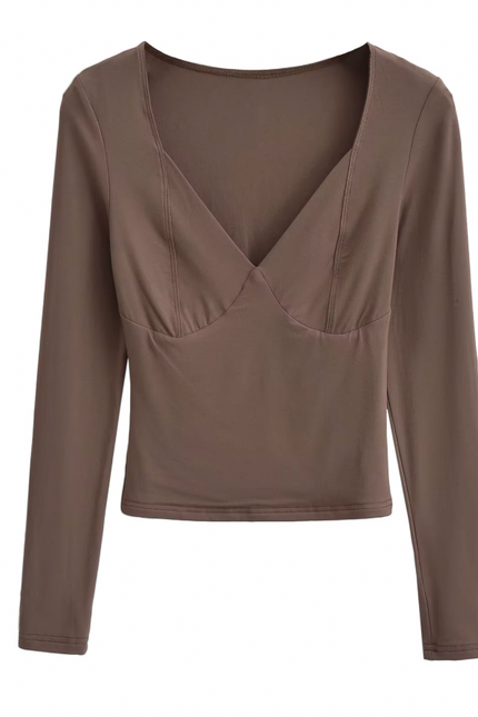 Square Collar Long Sleeve Solid Color Casual T-Shirt