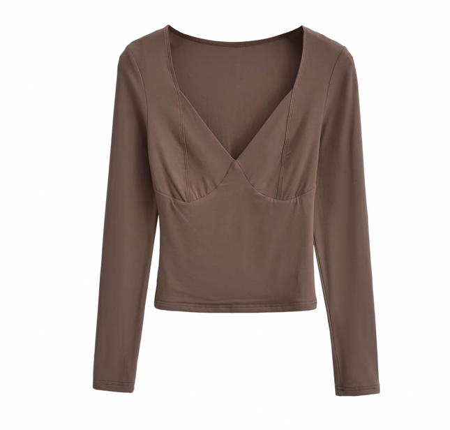 Square Collar Long Sleeve Solid Color Casual T-Shirt