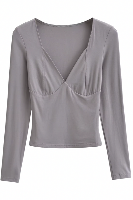 Square Collar Long Sleeve Solid Color Casual T-Shirt