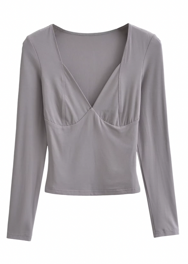 Square Collar Long Sleeve Solid Color Casual T-Shirt