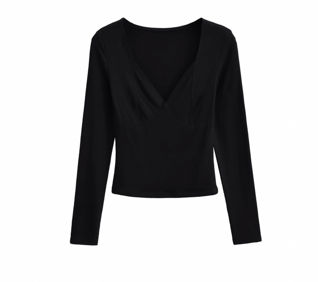 Square Collar Long Sleeve Solid Color Casual T-Shirt