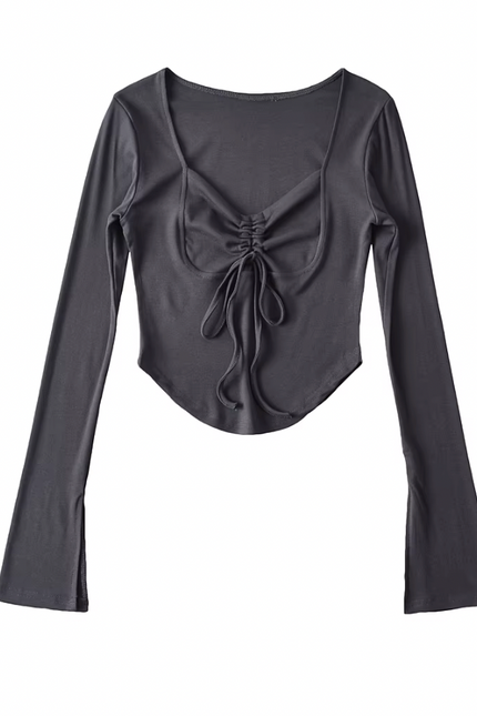 Square Collar Front Lace up Long Sleeve T-Shirt