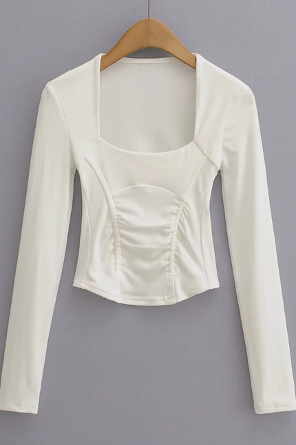 Square Collar Front Pleated Long Sleeve T-shirt
