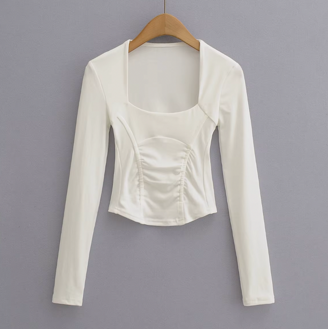 Square Collar Front Pleated Long Sleeve T-shirt
