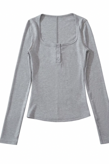 Square Collar Buttons up Long Sleeve T-Shirt