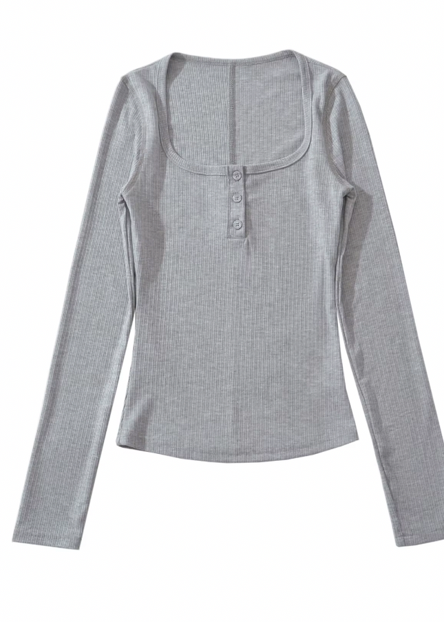 Square Collar Buttons up Long Sleeve T-Shirt