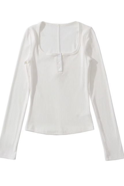 Square Collar Buttons up Long Sleeve T-Shirt