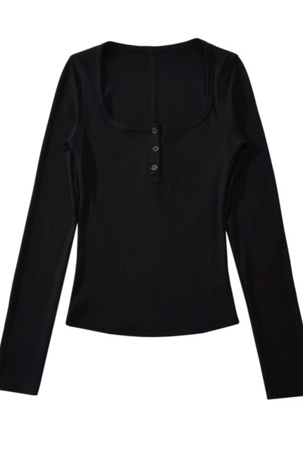 Square Collar Buttons up Long Sleeve T-Shirt