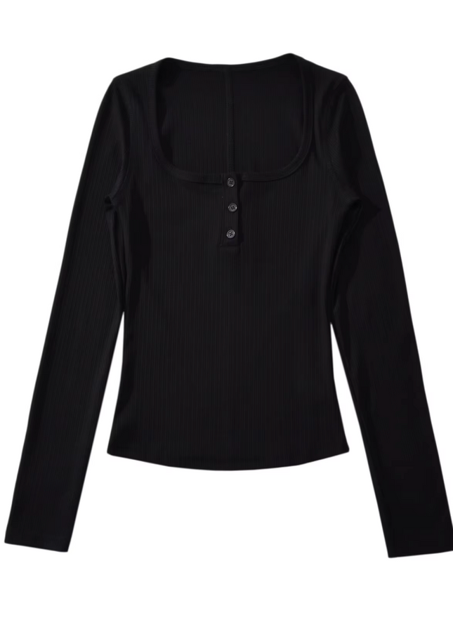 Square Collar Buttons up Long Sleeve T-Shirt