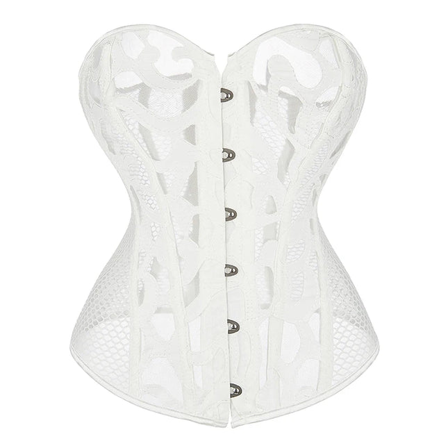 Women Steampunk Corset Hollow Out Mesh Waist Bustier Top Black White Gothic Corselet Basques