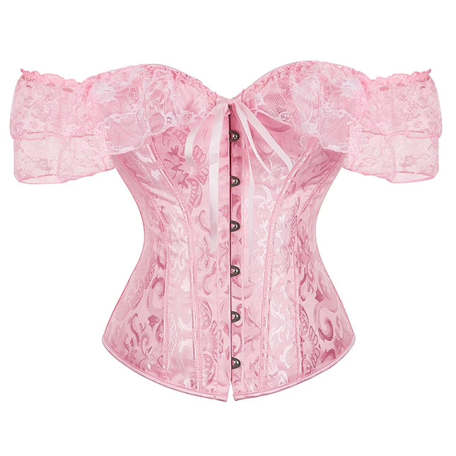 Womens Bustier Corset Lace Up short sleeve sheer corset blouse costume crop top lingerie waist cincher