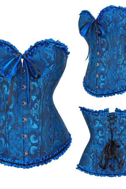 Jacquard Overbust Corset Floral Waist Bustier Top Basques Lace Up Corselet Body Shaper Corset
