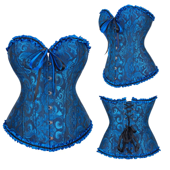 Jacquard Overbust Corset Floral Waist Bustier Top Basques Lace Up Corselet Body Shaper Corset