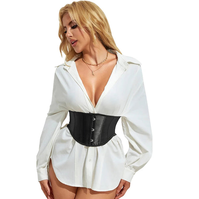 3 Busks Short Style Underbust Corset Satin Brown Wide Straps Waistband Waist Trainer