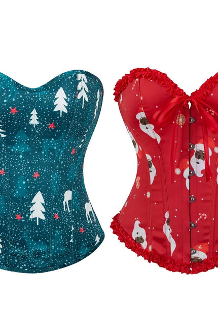 Ladies Satin Christmas Santa Claus Bells Print Dancewear Corset Top