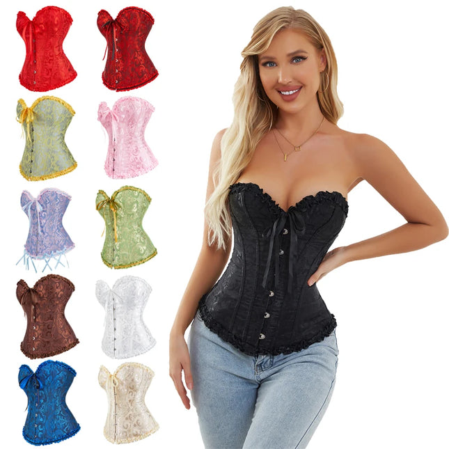 Ladies Vintage Brocade Lace Red Black White Corset Top With Busk And Adjustable Ribbon Sexy Corset