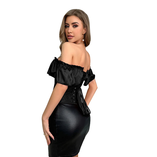 Women Overbust Corselet Going Out Wear Off Shoulder Black Victorian Corset Top With Lantern Sleeve