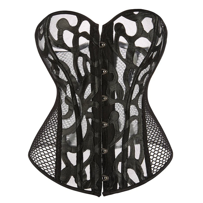 Women Steampunk Corset Hollow Out Mesh Waist Bustier Top Black White Gothic Corselet Basques