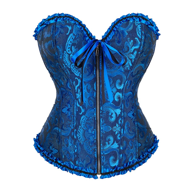 Overbust Corset Zipper Waist Bustier Top Black White Brown Pink Beige Red Blue Elegant Basques Corset