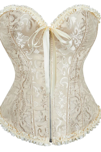 Overbust Corset Zipper Waist Bustier Top Black White Brown Pink Beige Red Blue Elegant Basques Corset
