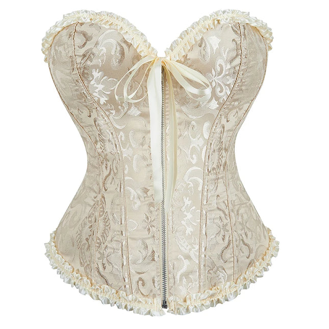 Overbust Corset Zipper Waist Bustier Top Black White Brown Pink Beige Red Blue Elegant Basques Corset