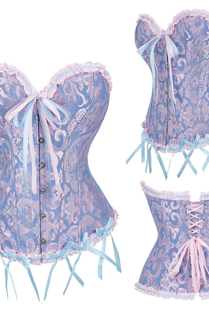 Jacquard Overbust Corset Floral Waist Bustier Top Basques Lace Up Corselet Body Shaper Corset