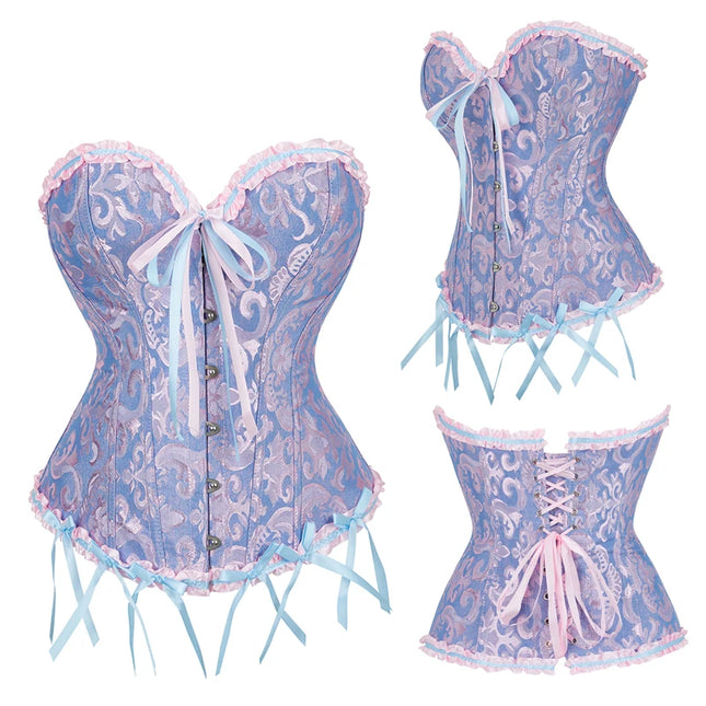 Jacquard Overbust Corset Floral Waist Bustier Top Basques Lace Up Corselet Body Shaper Corset