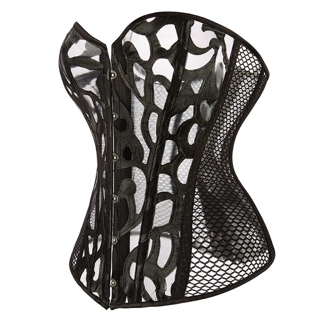 Women Steampunk Corset Hollow Out Mesh Waist Bustier Top Black White Gothic Corselet Basques