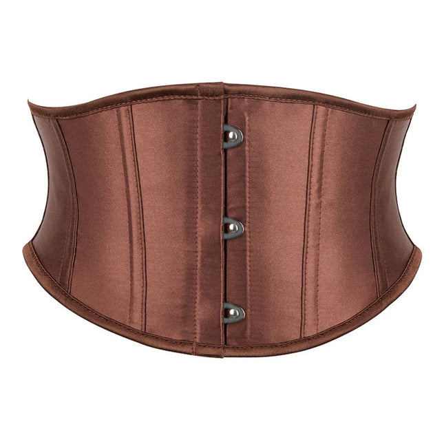 3 Busks Short Style Underbust Corset Satin Brown Wide Straps Waistband Waist Trainer