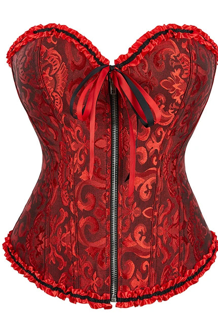 Overbust Corset Zipper Waist Bustier Top Black White Brown Pink Beige Red Blue Elegant Basques Corset