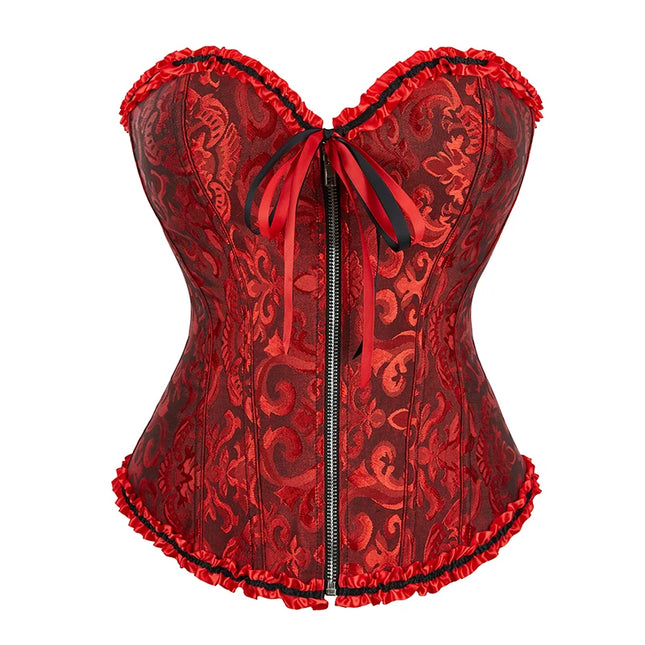 Overbust Corset Zipper Waist Bustier Top Black White Brown Pink Beige Red Blue Elegant Basques Corset
