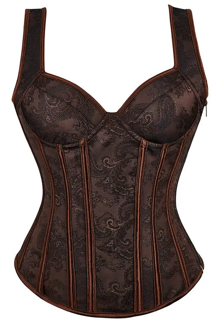Women's Corset With Straps Black Brown Overbust Corset Floral Jacquard Corset Zipper Gothic Steampunk Bustier Top