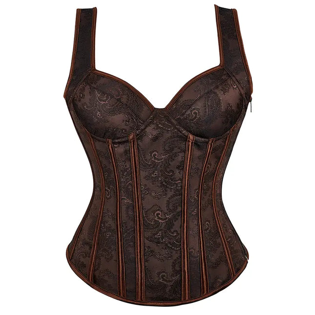 Women's Corset With Straps Black Brown Overbust Corset Floral Jacquard Corset Zipper Gothic Steampunk Bustier Top