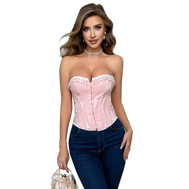 High Quality Firm Tummy Control Buckle Waist Training Corset Plus Size S-XXXL Pearl Corsets Women Pink Tops