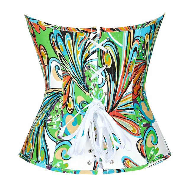 6 brooches closure red green vintage corset bustier butterfly print overbust corset top