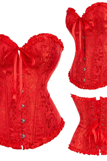 Jacquard Overbust Corset Floral Waist Bustier Top Basques Lace Up Corselet Body Shaper Corset