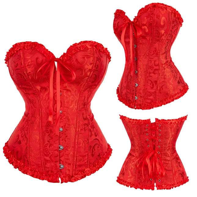 Jacquard Overbust Corset Floral Waist Bustier Top Basques Lace Up Corselet Body Shaper Corset