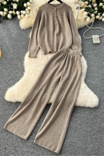 Lazy Style Autumn-Winter Retro Knit Sweater & Wide Leg Pants Set