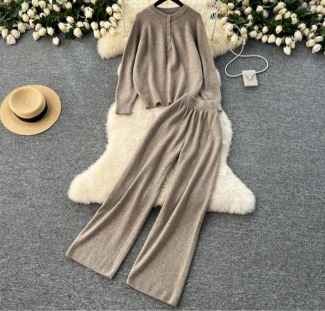 Lazy Style Autumn-Winter Retro Knit Sweater & Wide Leg Pants Set